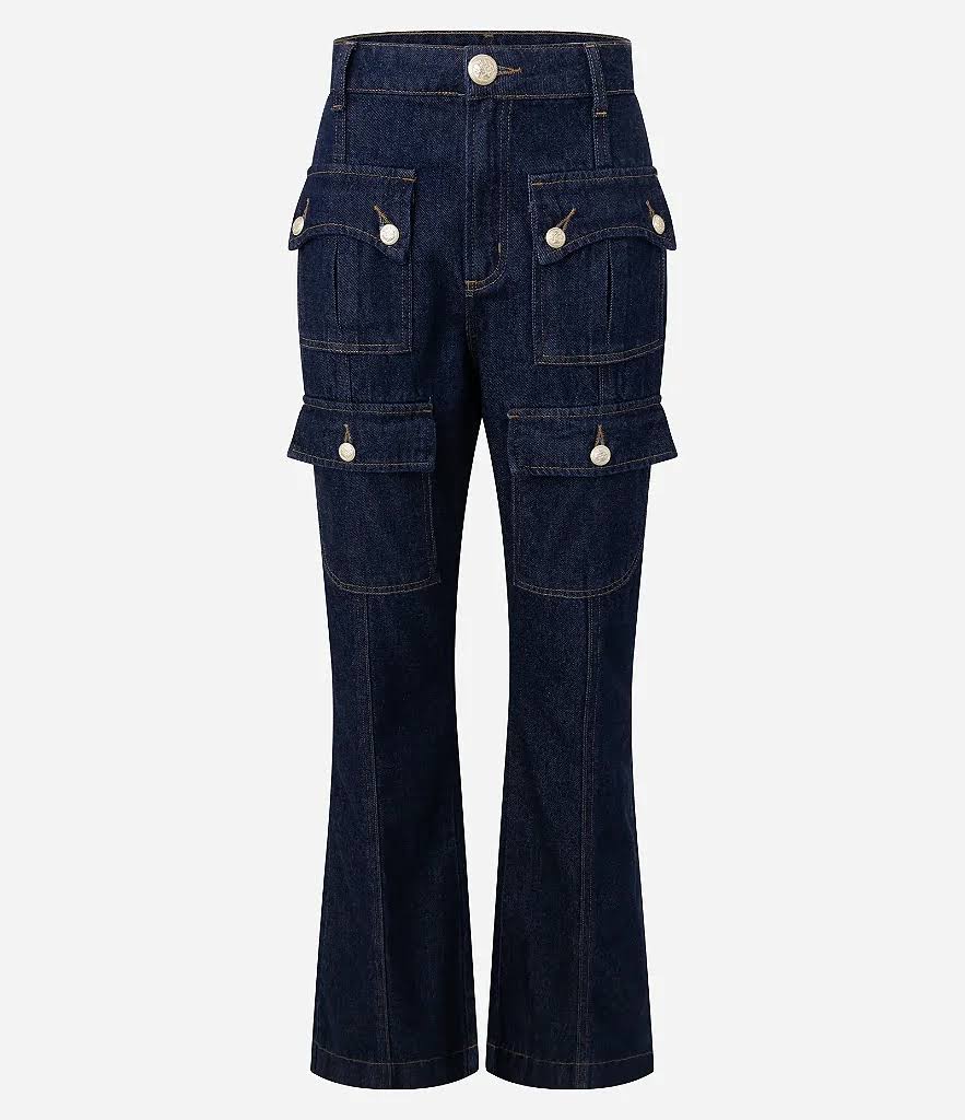 Calça Flare Utilitária em Jeans com Cintura Alta Azul Marinho Tamanho 36